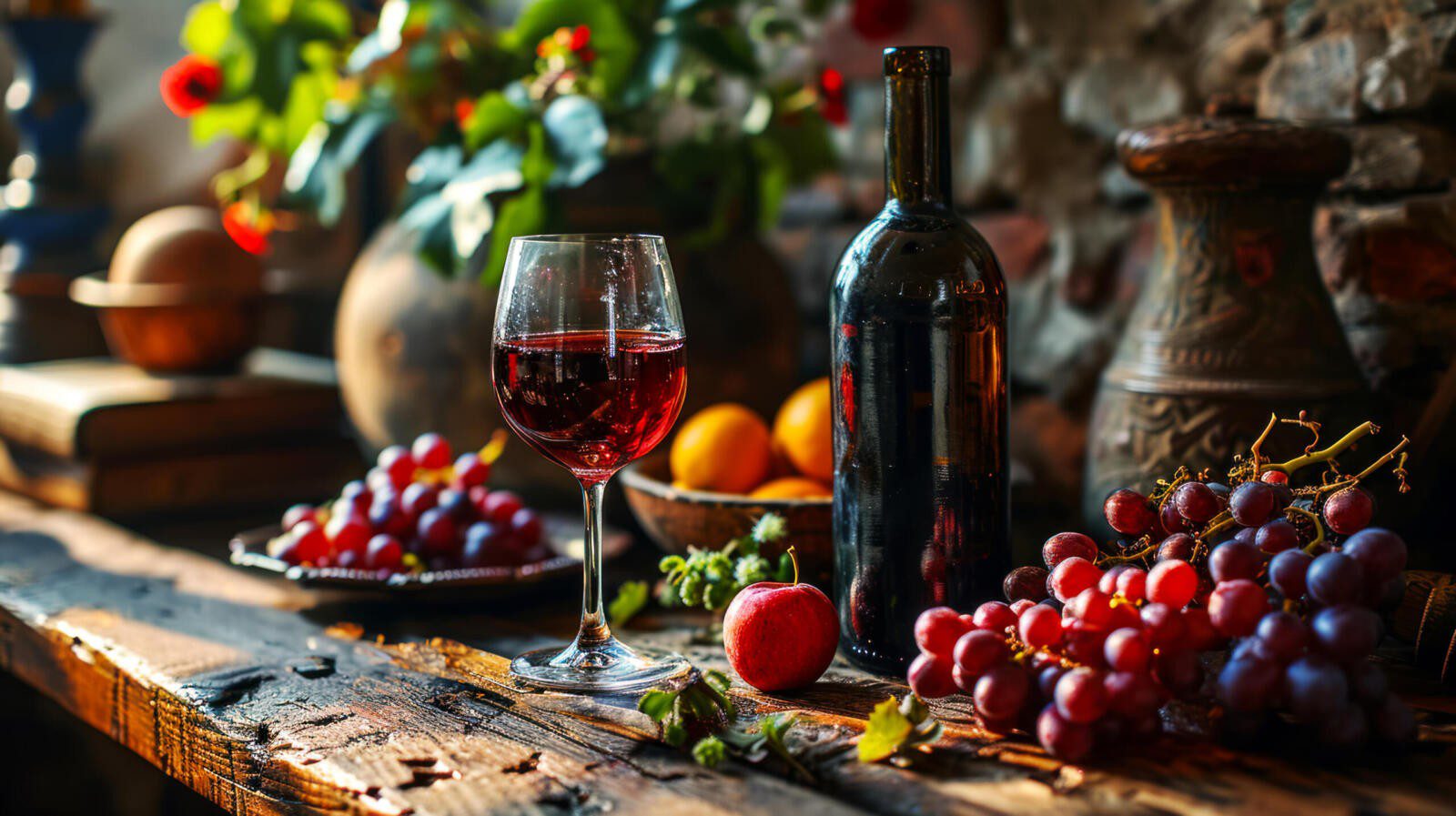 Still life with a glass of wine in a distillery, old wooden table with bunches of grapes, time to travel along popular routes, advertising a traditional distillery